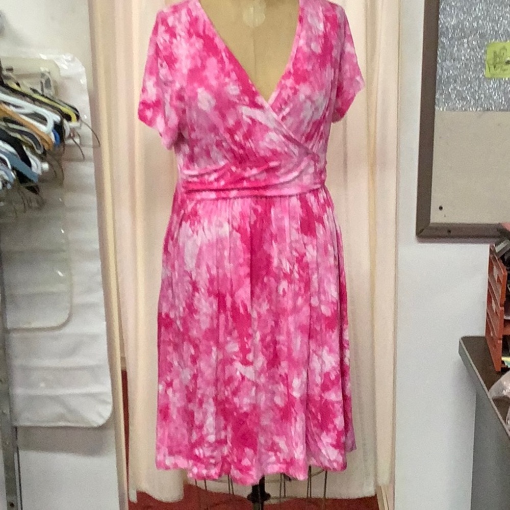 Pink and White V-Neck Flutter Sleeve Midi Dress
